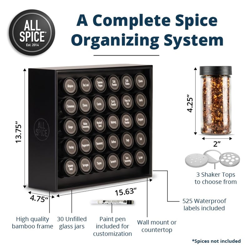 AllSpice Spice Rack Organizer, Wood, 525 Unique Labels, Countertop or Wall Mount, Includes 30 4oz Jars- Matte Black - Image 3